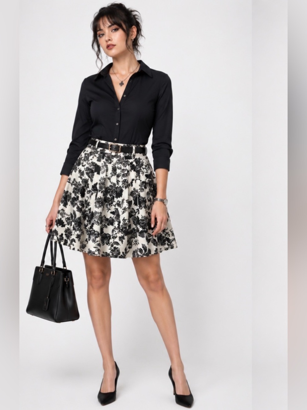 Talbots Black & White Floral Circle Whimsigoth Business Casual Skirt Size 12